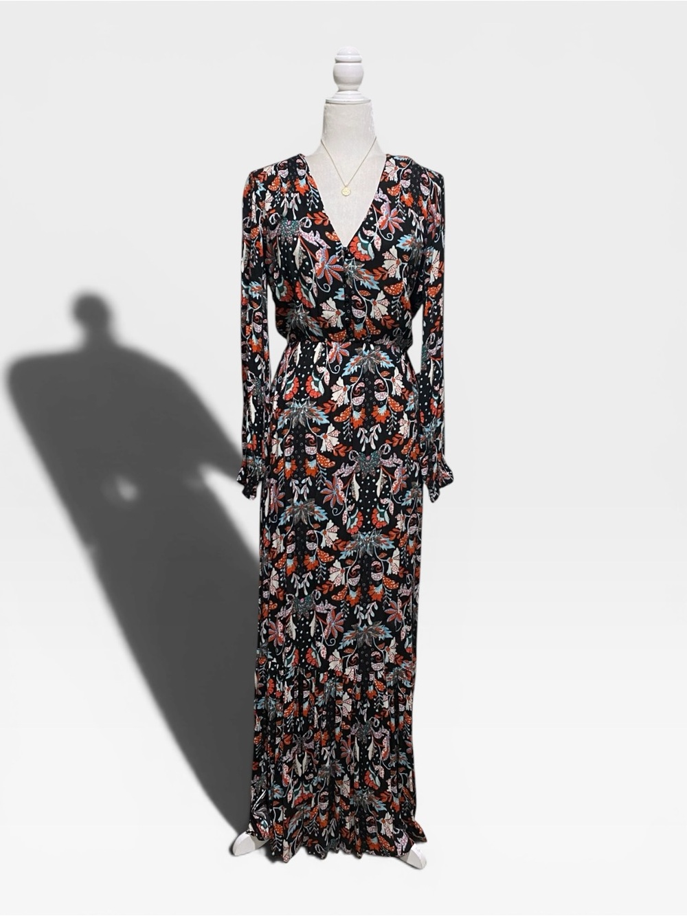 Eci Boho Gypsy Long Sleeve Floral Maxi Tiered Dress Womens Size Small